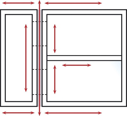 Bild 3: Beispiel für ein ­gekoppeltes ­Fensterelement<br />Die Pfeile zeigen die Längenänderungen, die auf das Kopplungsstück ­einwirken.