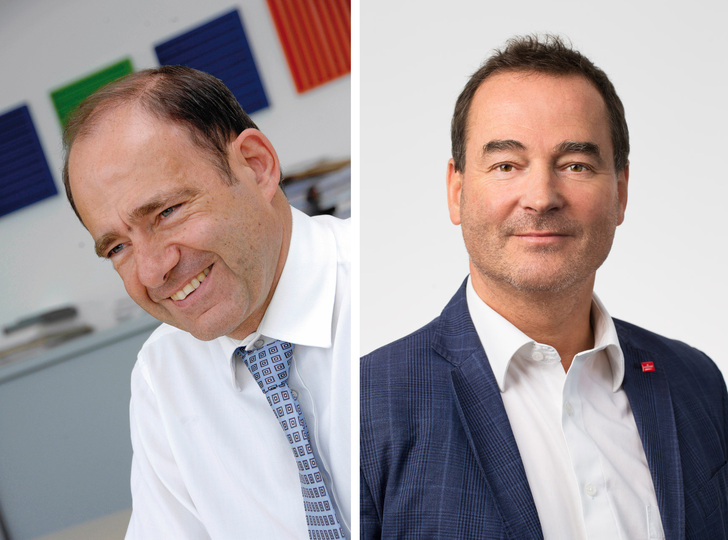 Paul Renson (links) und Thilo Weiermann unterstützen die gut durchdachte Hallenaufplanung gerne, und freuen sich auf die neuen Chancen, die sich durch das neue Hallenkonzept für ihre Unternehmen ergeben. - © Renson/Weinor
