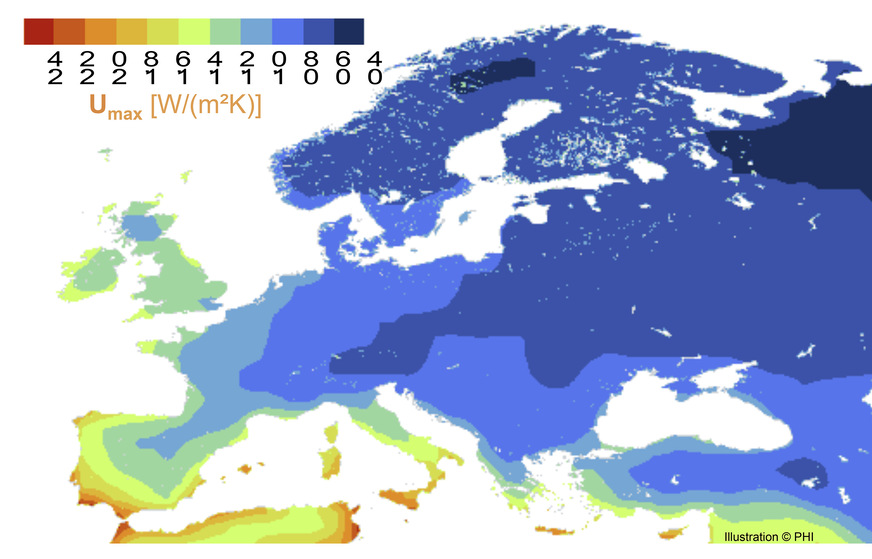 Maximale U-Werte in Europa zum Erreichen des Behaglichkeitskriteriums