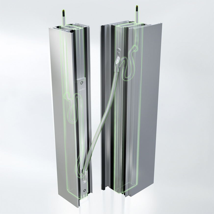 Der 5-Kammer-Profilaufbau der Schüco AD UP bietet höchste Stabilität und unterstützt die Kabelführung für eine intelligente Türkommunikation und Zutrittskontrolle.