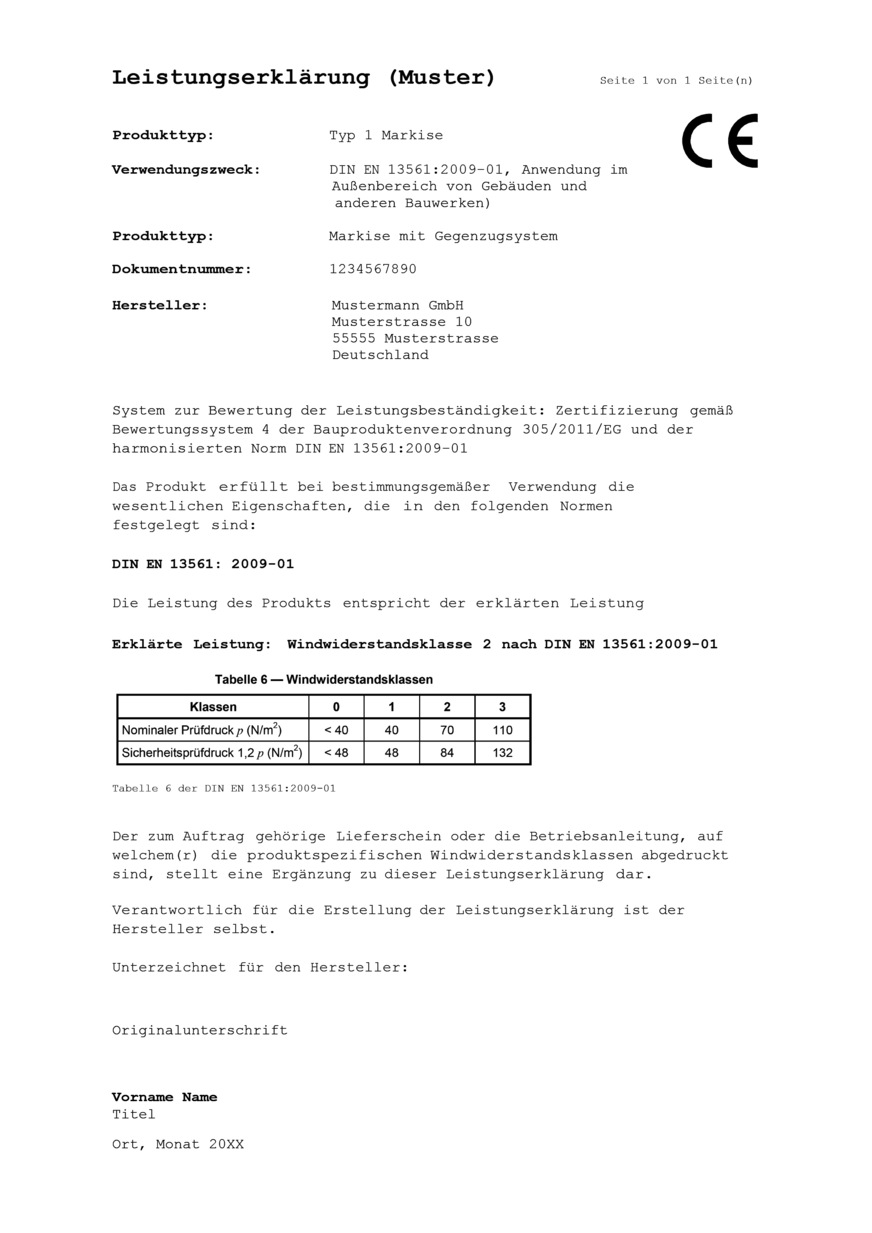 Verantwortlich für die Erstellung der Leistungserklärung (LE) ist der Hersteller selbst. Sie muss in der jeweiligen Landessprache erstellt werden, wo das Produkt verkauft wird. Beim Einbau eines Fertigrollladens kann der Fachbetrieb die Hersteller-LE in seine eigene LE problemlos einbinden.