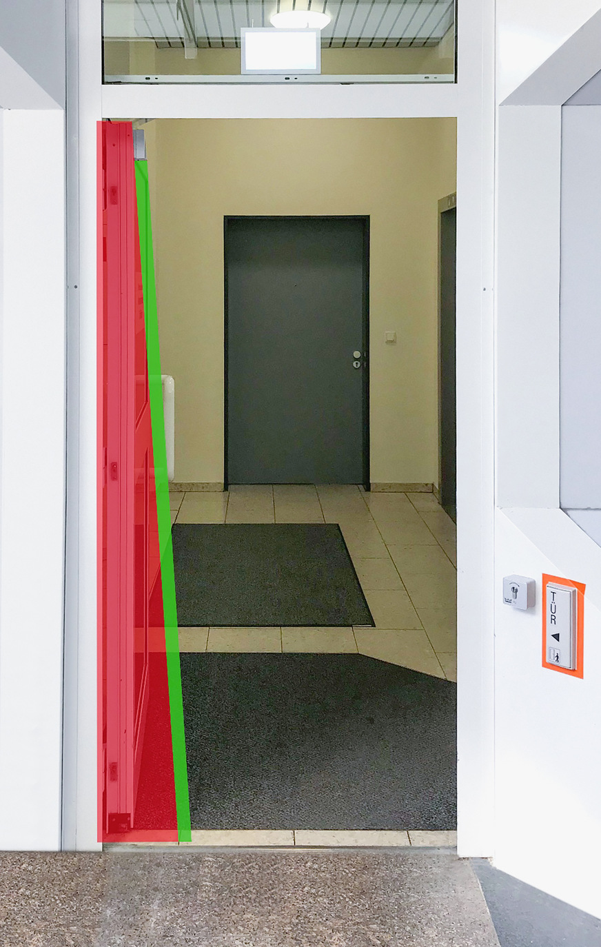 Dargestellt sind hier die Risiko-Zonen, wenn die Tür nur auf der Gegenbandseite sensorisch gesichert ist.