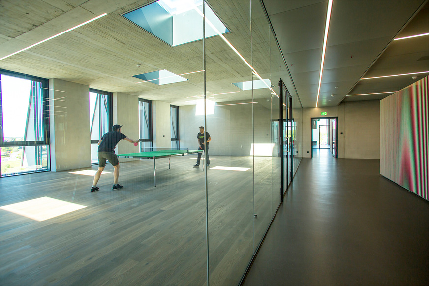 Für Transparenz und Tageslicht im Gebäude sorgt das filigrane Glastrennwandsystem Swissdivide One.
