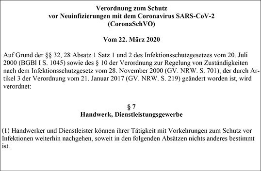 Verordnungen wie hier in Nordrhein-Westfalen (Stand 22.03.2020) versetzen das Handwerk in die Lage Montagearbeiten beim Kunden ungehindert auszuführen.