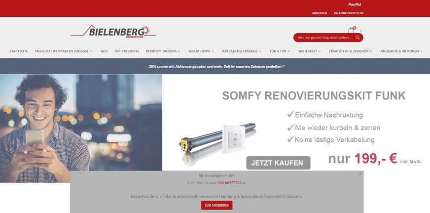 Screenshot eines exemplarischen Somfy Experten-Onlineshops aus Hamburg.