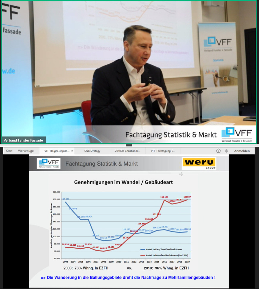 Holger Lipp von der Weru AG bei der VFF-Fachtagung, die man sowohl vor Ort als auch am Bildschirm im Büro verfolgen konnte.