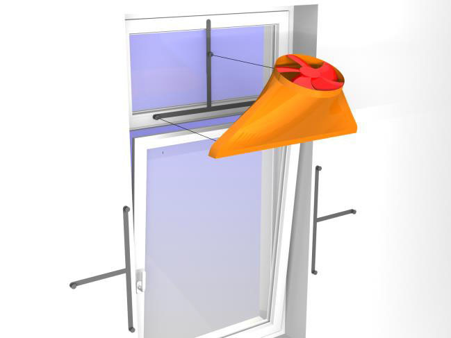 Der WindowBooster wird in eine fest montierte 3-Punkt Halterung eingehängt, die am Rahmen des Oberlichts oder beiderseits des Fensters verwen-det werden kann.
