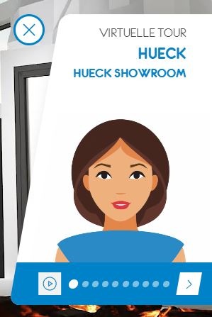 Zusätzlich zur  intuitiven Navigation erhält der Besucher im Hueck Showroom die Möglichkeit, sich von Hannah, einem animierten Avatar, in einer geführten Tour durch den Showroom begleiten und informieren zu lassen. 