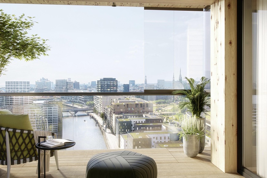 Durch die Balkonverglasungen können die künftigen Bewohner des Hamburger Wohnturms das maritime Panorama der Hamburger Hafencity zu allen Jahreszeiten genießen.