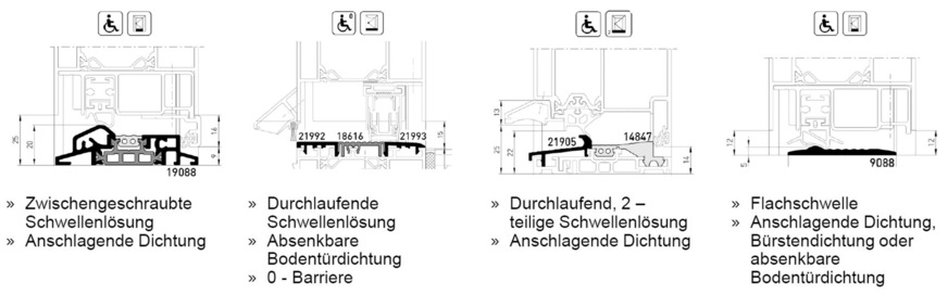 Türsystem heroal D 72: Die Schwellenhöhe variiert je nach Schwellenart. Die entsprechenden Höhen können dieser schematischen Zeichnung entnommen werden.