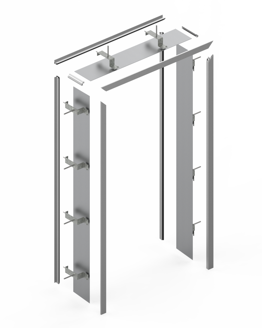 Zum Systemaufbau: Die Befestigungswinkel sind an der Blechfüllung angebracht. Seitlich befindet sich das Fassadenaufnahme- und das Fensteranschlussprofil.