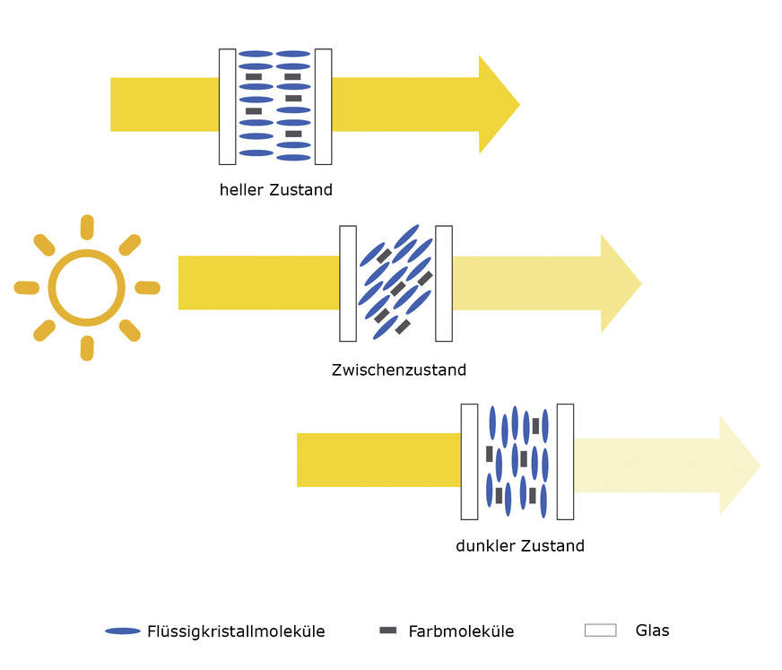 01: Das Funktionsprinzip schaltbarer eyriseFlüssigkristall-Sonnenschutzgläser.