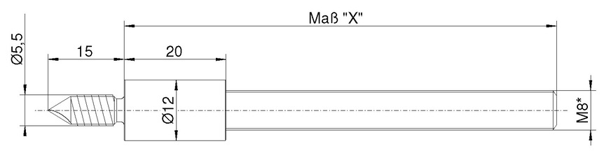 Unterschiedlich angebotene Längen des Gewindebolzens ( X = 70 – 115 mm) ermöglichen eine exakte Anpassung an das vorliegende Profilsystem beziehungsweise die Glasstärke.