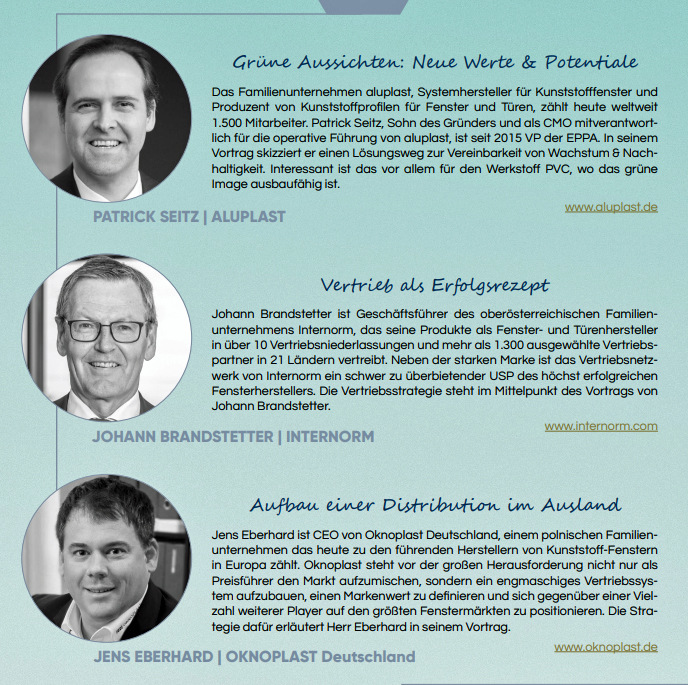 Patrick Seitz, CEO von aluplast skizziert einen Lösungsansatz für einen nachhaltigeren Weg in die Zukunft. Mit Johann Brandstetter (Internorm) und Jens Eberhard (Oknoplast Deutschland) rücken die Themen Positionierung und Vertrieb in den Vordergrund.