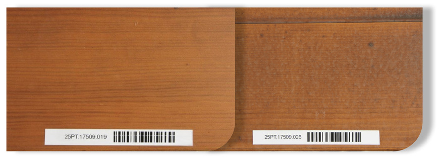 Schmutzaufnahmetest: Die CETOL WF 98xx im Vergleich zu herkömmlichen Lasuren. Die Oberflächen der CETOL WF 98xx-Reihe (Produktmuster links) nehmen keinen Schmutz auf. Der Unterschied ist im Vergleich zu einer herkömmlichen Lasur (Produktmuster rechts) gut zu erkennen.