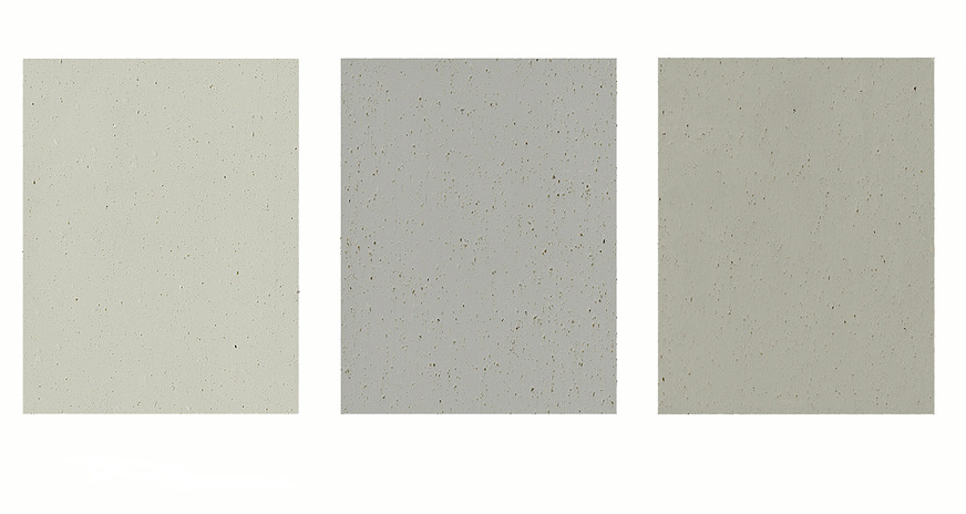 Greta® ist in (v. l.) Lichtgrau, Steingrau* und Olivgrau* erhältlich. Alle Farbnuancen entsprechen einem Beton-Look. (*in Entwicklung).