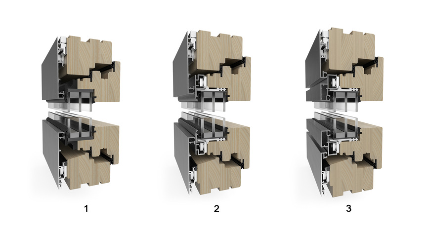 Das Fensterprofil Combiline ist in drei Ausführungen erhältlich: (1) Inte­gral: Geschlossen verschwindet das Profil vollständig hinter der schwarzen Rahmen-Abdeckschale. (2) Minimal: In geschlossener ­Position beträgt die umlaufende Flügelansicht 10 mm. (3) Flächen­bündig: Auf der Außenseite ist eine durchgängige Flächenbündigkeit zwischen Glaselement und Rahmen gegeben.