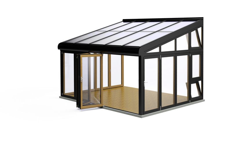 Holz / Aluminium Wintergarten SDL Avantgarde mit Glas-Faltwand Combiline, sowie Fenstersystem Combi­line mit Dreh-Kippelementen und Modellscheiben.