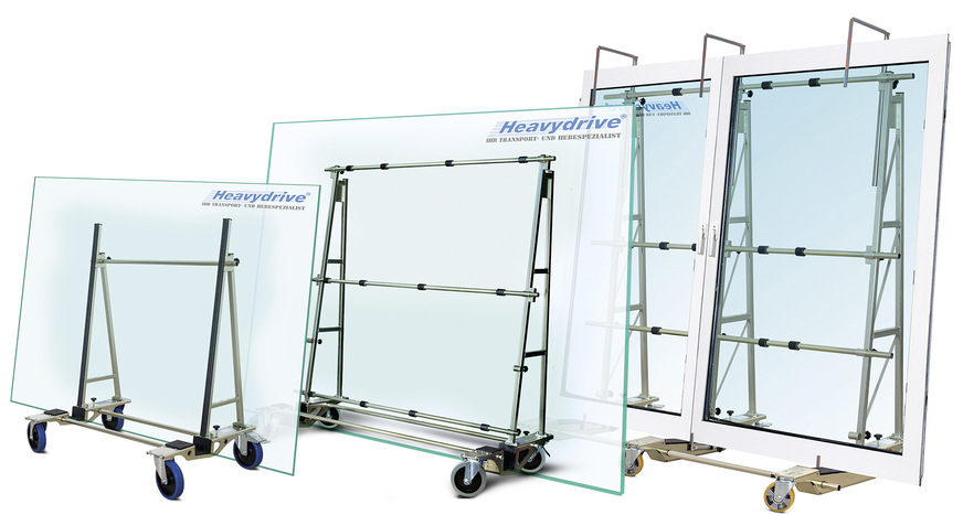 Gläser, Fenster und Bauelemente bis zu 3000 kg Gesamtgewicht ­lassen sich mit dem neuen Heavydrive Transport-Wagen HDL 3000 sicher transportieren.