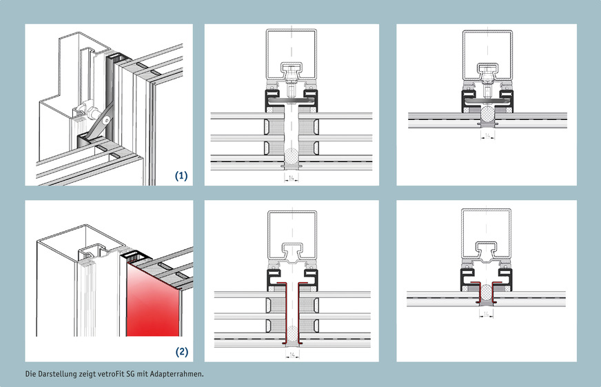 Hier die Variante der vetroFit SG Fassade mit Adapterrahmen