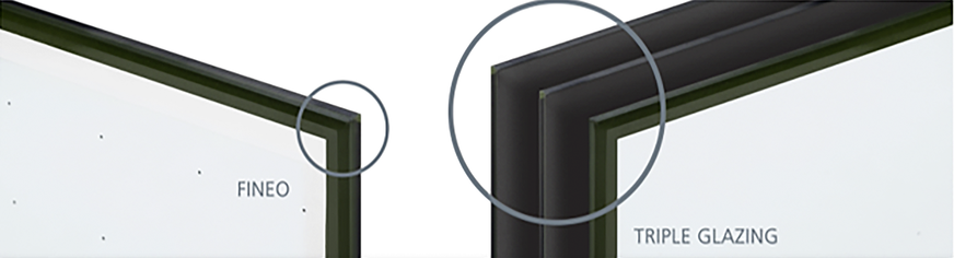 Gerade bei hohen Gebäuden, sollte der Raumgewinn durch das dünne Vakuumglas nicht unterschätz werden. Mit den 6 mm Fineo-Einheiten sind deutlich dünnere Fassaden-Aufbauten möglich, als bei den dicken 3-fach-Gläsern