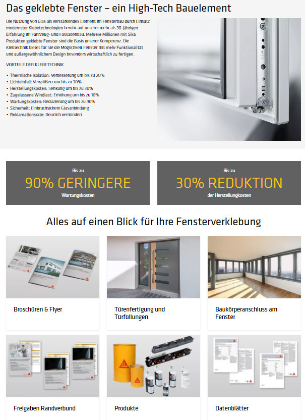 Alles rund um das geklebte Fenster auf einer Internetseite. Das Sika-Angebot ist extrem umfassend und ohne Login-Sperren für jeden frei verfügbar.