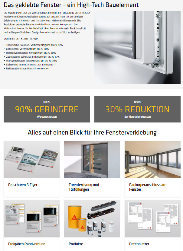 Alles rund um das geklebte Fenster auf einer Internet­seite. Das Sika-Angebot ist extrem umfassend und ­ohne Login-Sperren für jeden frei verfügbar.