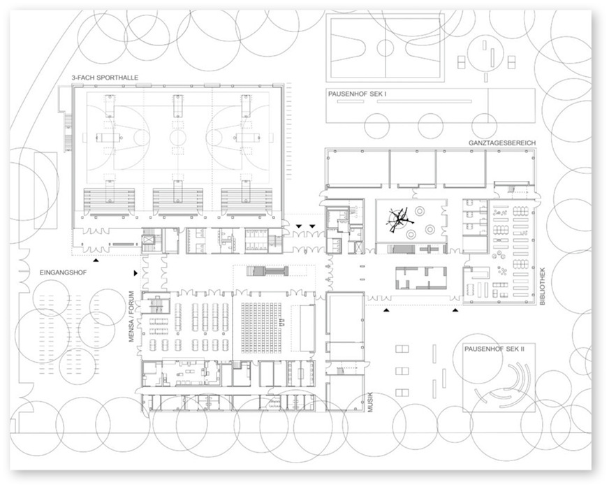 Angeordnet auf einem von Bäumen bestandenen Grundstück gliedert sich der Neubau in drei Volumen, in denen jeweils die Fach- und Oberstufen, die Unter- und Mittelstufen sowie eine Dreifach-Sporthalle untergebracht sind.