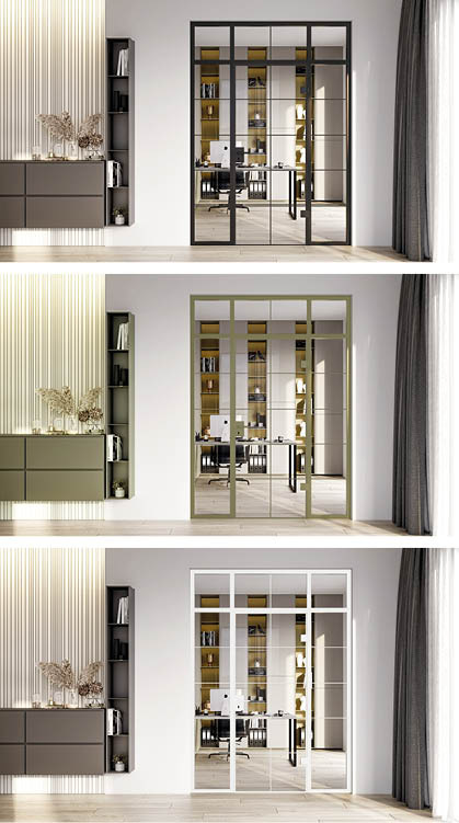 Mit Color|Line greift erkelenz Trendfarben aus dem Möbelbau auf. Bei den oberen Bildern lehnt sich der Farbton der Türen an die Farbe der Möbel an (l.).