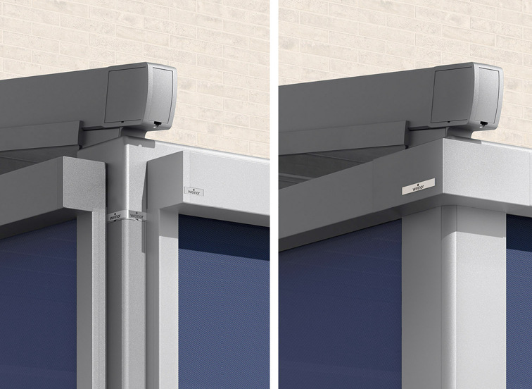 Terrassendach links ohne und rechts mit Design-Blende: VertiPlus optimiert das Gesamtbild der kombinierten Anlage.