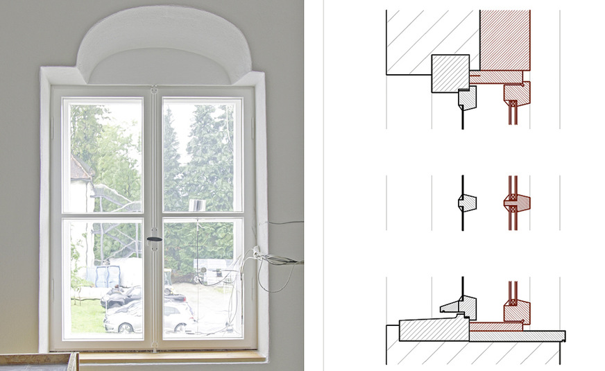 Erweiterung eines Bestandsfensters mit Einfachglasscheibe zu einem Kastenfenster in Holz mit Futterkasten, Erweiterungen rot dargestellt.