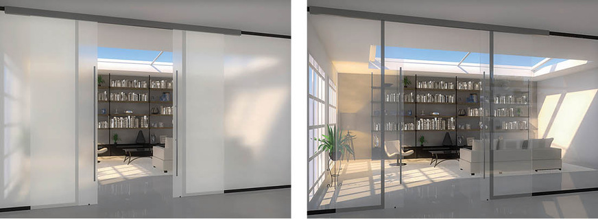 Durch die Möglichkeit, die Gläser und Türen dieser Trennwand von opak nach transparent zu schalten, erscheinen die Räume ineinander zu fließen. Zudem sind auch farbliche Varianten sind umsetzbar: So hat Schwan Glas eine Auswahl an gefärbten Gläsern im Angebot bzw. eine Variante mit grauem LC-Film.
