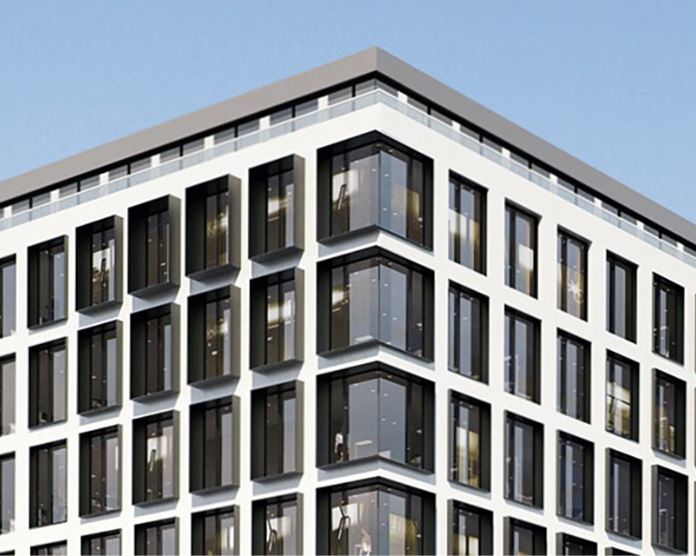 Eines der tonangebendes Elemente in der Aluprof Fassade ist regelmäßig segmentiertes Glas.