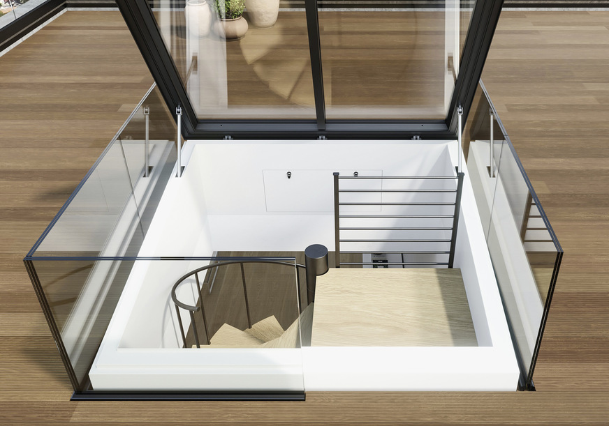 Die Glasscheibe im neuen Lamilux Dachausstieg sorgt mit ihrer 4 m2 großen Fläche für einen hohen&nbsp; Tageslichteinfall.