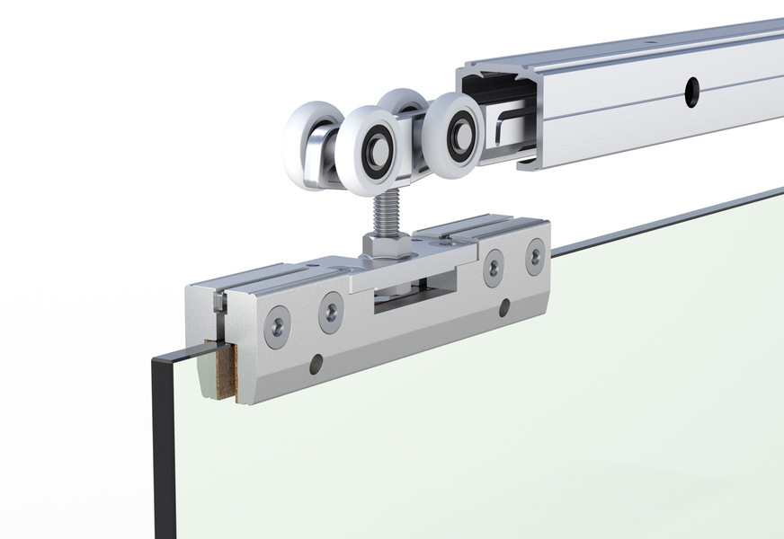 Die Schiebetürtechnik von MasterTrackBT setzt sich aus den drei Hauptkomponenten Laufschiene, ausgereiftes Rollensystem und sicherer Klemmmechanismus zusammen