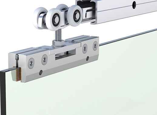 Die Schiebetürtechnik von MasterTrackBT umfasst u.a. Laufschiene, Rollen­system und Klemmmechanismus.