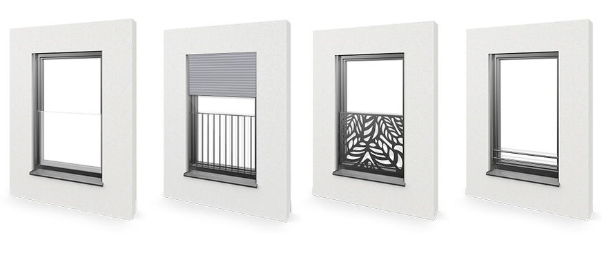 Maximale Sicherheit in vielfältigen Designs: Mit den integrierten Glas-, Gitter-, Platten und Stangenlösungen lassen sich ab sofort ­sowohl klassische, elegante als auch kreative Fassadenakzente setzen.