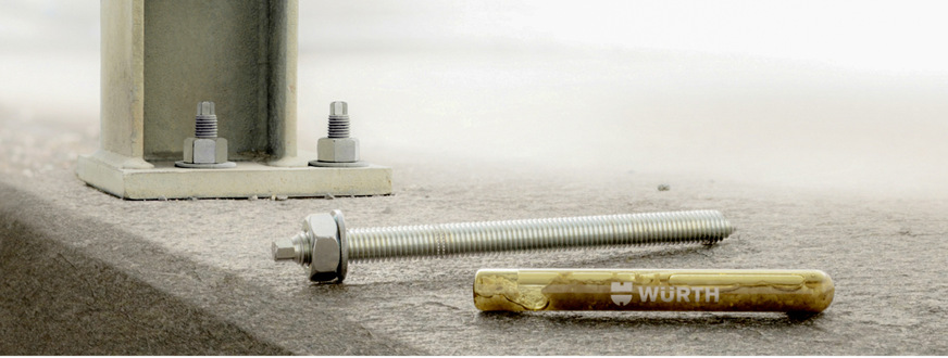 Würth Verbundanker W-VD/S, W-VD/F, W-VD/A4, W-VD/HCR dürfen im ungerissenen Beton verankert werden. Der Dübel darf in trockenem oder nassem Beton jedoch nicht in mit Wasser gefüllte Bohrlöcher gesetzt werden.