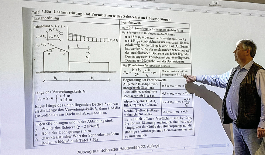 Der Statiker Andreas Heimrich brachte den „Problemfaktor Statik“ bei Schneelasten bei Dächern über Wintergärten und Glasanbauten auf den Punkt.