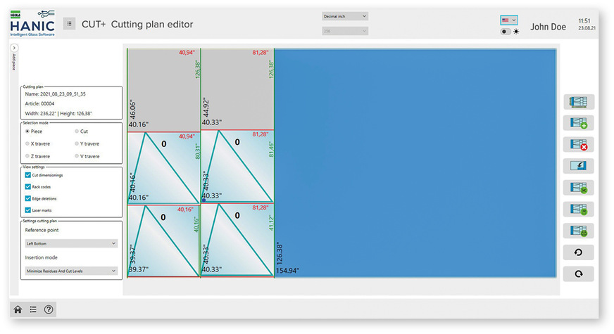 Durch die neue Software werden automatisch verschnittoptimierte Schneidpläne erstellt. Zudem besteht für den Bediener maximale Flexibilität, indem er per Drag & Drop Scheiben austauschen oder die Position im Plan verändern kann. Brechkanten sowie auch Schleifzugaben u.ä. werden vom System automatisch berücksichtigt.