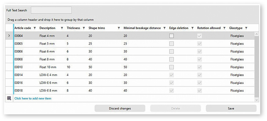 Im Artikelsystem von Cut+ können wiederkehrende Glasprodukte aus dem Portfolio ­gespeichert werden und stehen damit für Folgeaufträge jedezeit zur Verfügung.