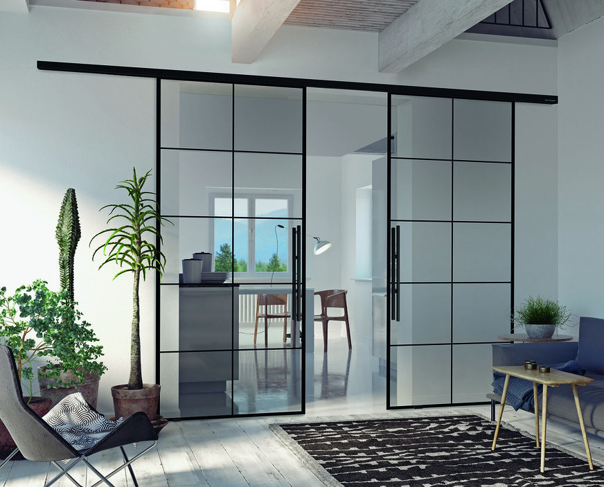 Hier ein Schiebetürsystem Tvin 2.0 | 120, 2-flügelig in schwarz.