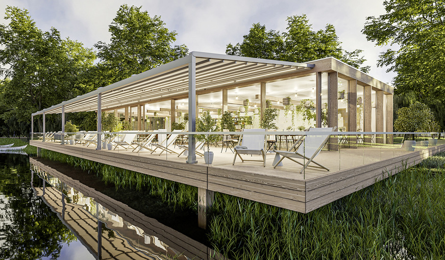 Auch in der Gastronomie ist die pergola stretch mit ihren XXL-Abmessungen eine effiziente Lösung um große Terrassen vor Sonne und Wetter zu schützen.
