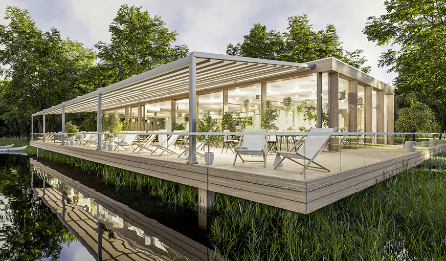 Auch in der Gastronomie ist die pergola stretch mit ihren XXL-Abmessungen eine ­effiziente Lösung um große Terrassen vor Sonne und Wetter zu schützen.