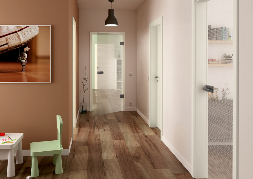 Das neue Siebdruck-Glas Stripes: mit einem leicht blickdichten Design in zwei Oberflächenvarianten: Aufrecht- oder Quer-Optik.