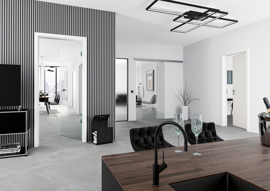 Neben den drei neuen Glaslinien sind auch die gängigsten Designwünsche Float Klar, Satiniert sowie Duo 151-1 als Dreh- und Schiebetür über das Prüm-Lager schnell verfügbar.