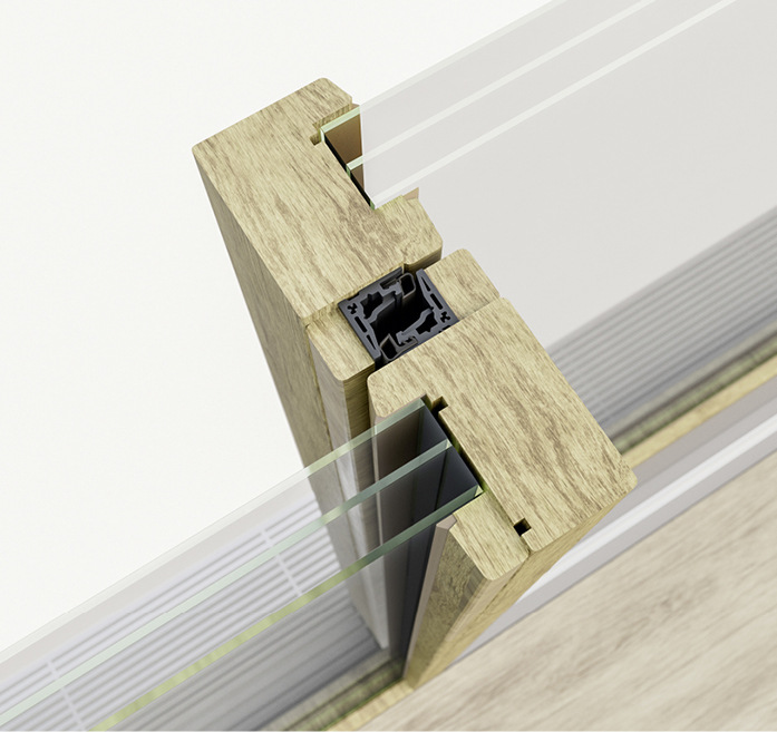Der Portal HS slim von Siegenia für Elemente aus Holz und Holz-Aluminium überzeugt durch schlanke Ansichtsbreiten – selbst in der Mittelpartie sind es gerade einmal 60 mm.