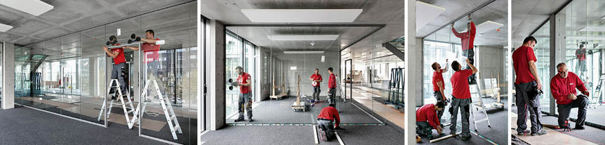 Die Montage der Trennwand-Ganzglaskonstruktion fecoplan: Beschleunigt wird den Einbau, da die Gläser im dreiteiligen Sockelprofil des Systems eingeklemmt werden.