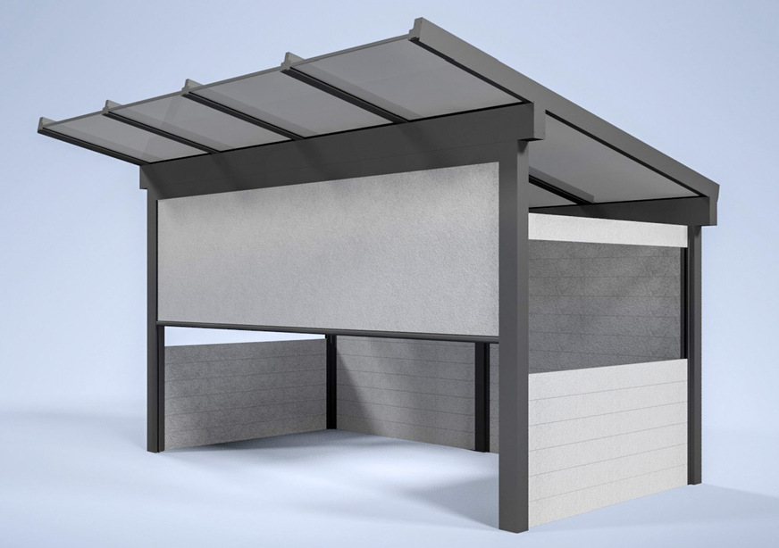 Die Überdachung kann mit festen, transparenten und ZIP-bespannten Elementen ausgestattet werden, sowie einem 100 cm Dachüberstand an der Frontseite.