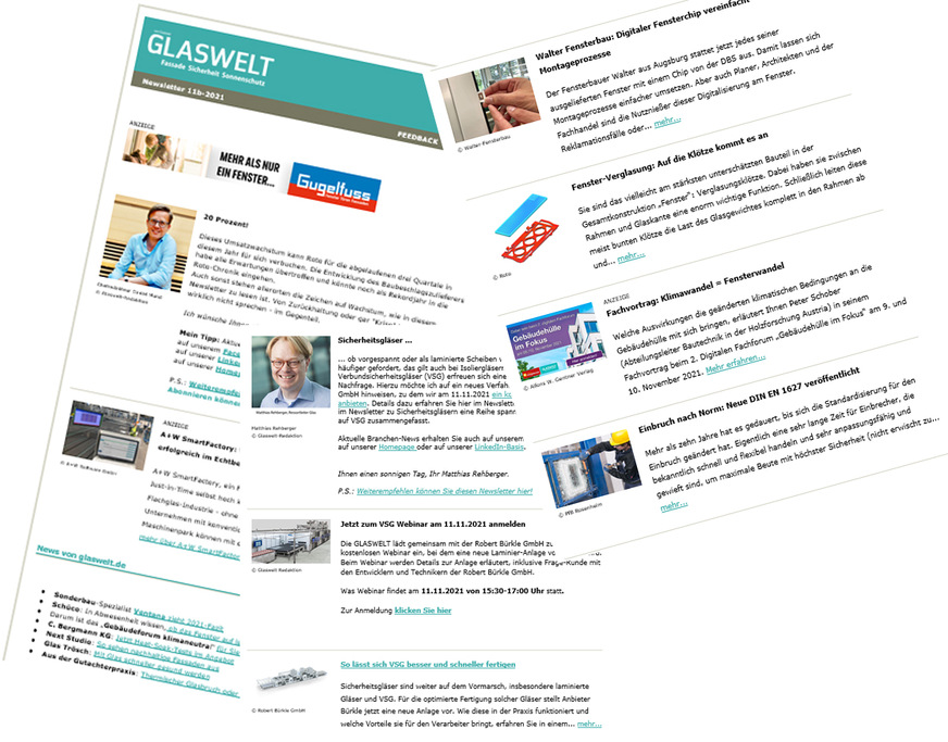 NICHTS VERPASSEN: 2× im Monat mit dem Newsletter das Aktuellste aus der Branche auf den Bildschirm oder auf´s Smartphone.&nbsp;Kostenlos anmelden:&nbsp;www.glaswelt.de/newsletter